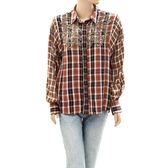 Free People Snow Mountain Plaid Buttondown Shirt Top Sequin Embellished S 274409 - Picture 3 of 7